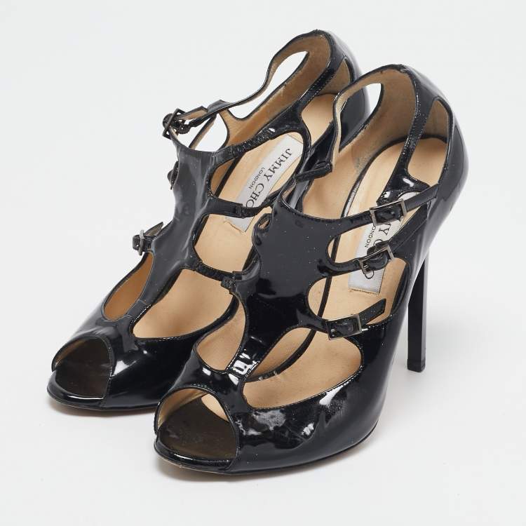 Pre Owned Jimmy Choo Black Cut out Patent Leather Peep Toe Pumps Size 38.5