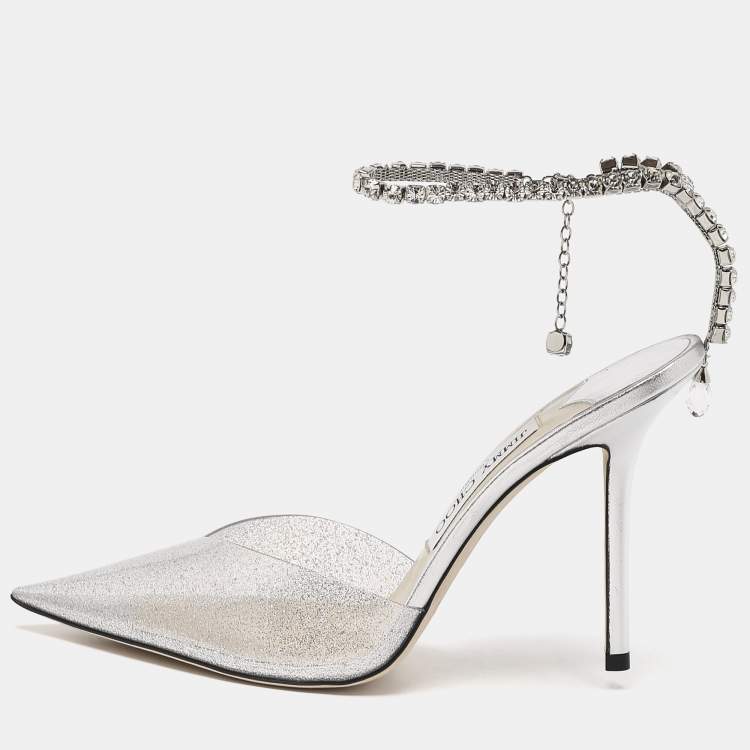 Pre Owned Jimmy Choo Silver Glitter PVC Crystal Embellished Saeda Pumps Size 39