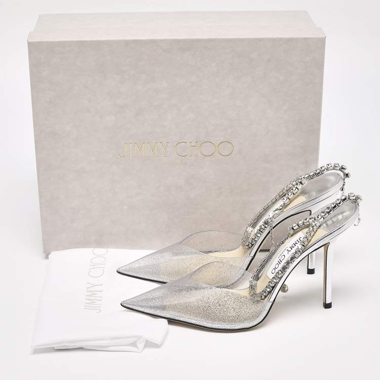 Pre Owned Jimmy Choo Silver Glitter PVC Crystal Embellished Saeda Pumps Size 39