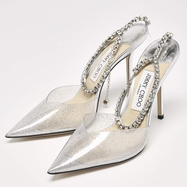 Pre Owned Jimmy Choo Silver Glitter PVC Crystal Embellished Saeda Pumps Size 39