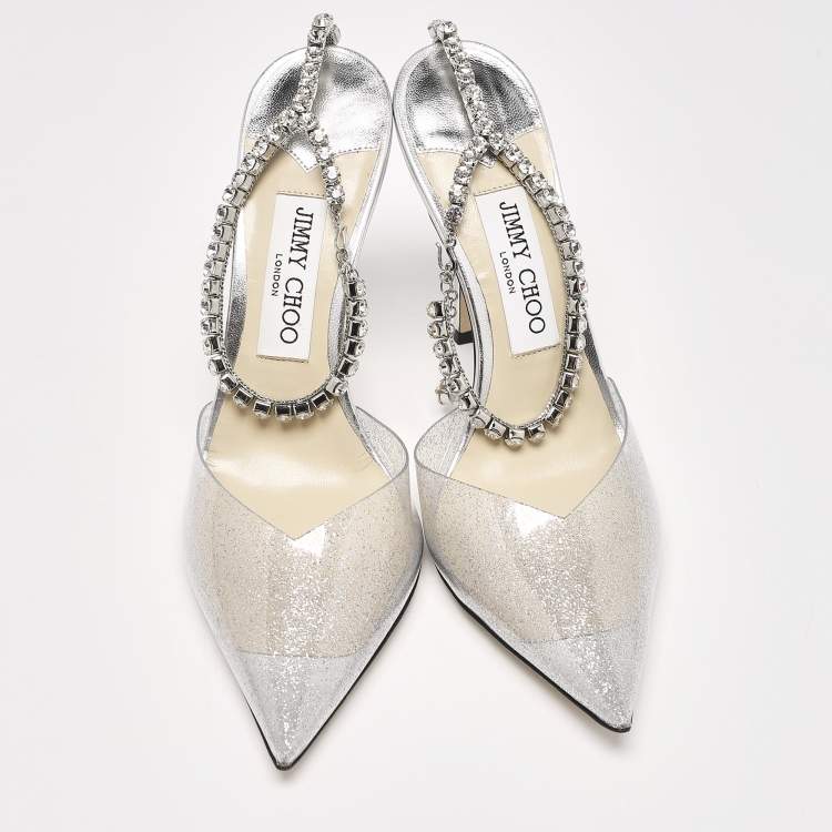 Pre Owned Jimmy Choo Silver Glitter PVC Crystal Embellished Saeda Pumps Size 39
