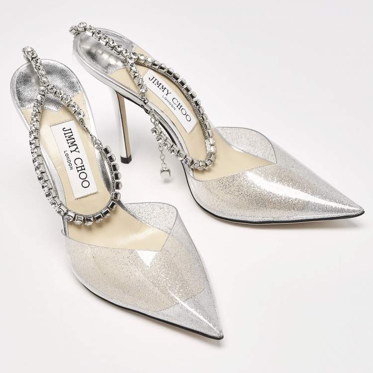 Pre Owned Jimmy Choo Silver Glitter PVC Crystal Embellished Saeda Pumps Size 39