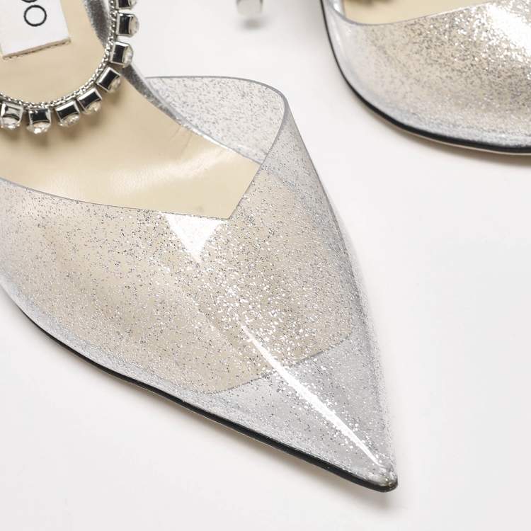 Pre Owned Jimmy Choo Silver Glitter PVC Crystal Embellished Saeda Pumps Size 39