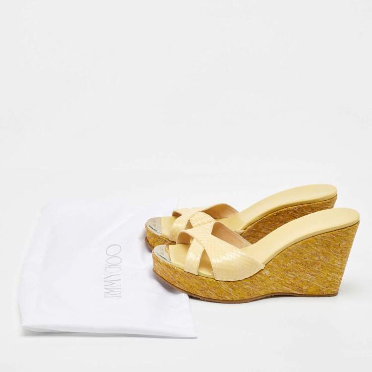 Pre Owned Jimmy Choo Yellow Python Leather Prima Platform Wedge Sandals Size 41