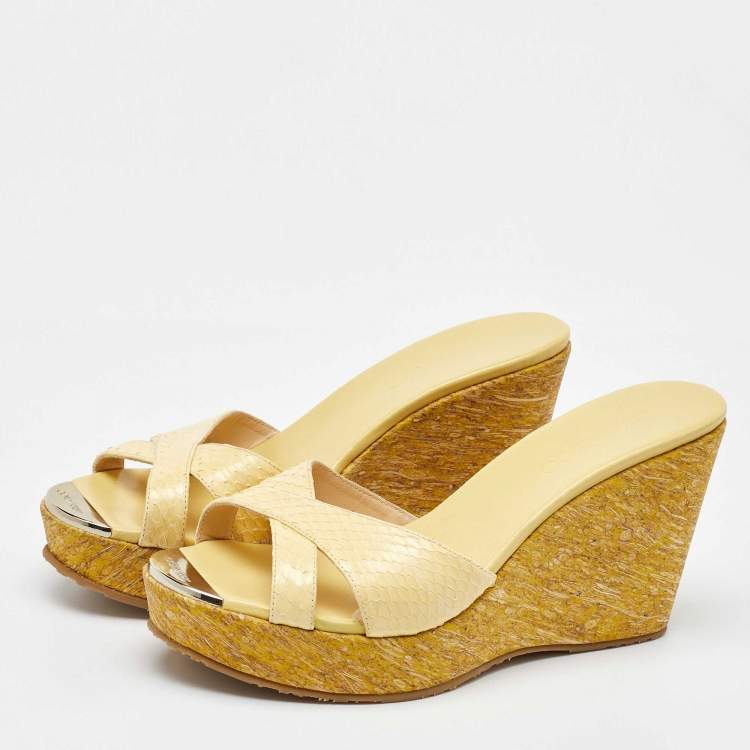 Pre Owned Jimmy Choo Yellow Python Leather Prima Platform Wedge Sandals Size 41