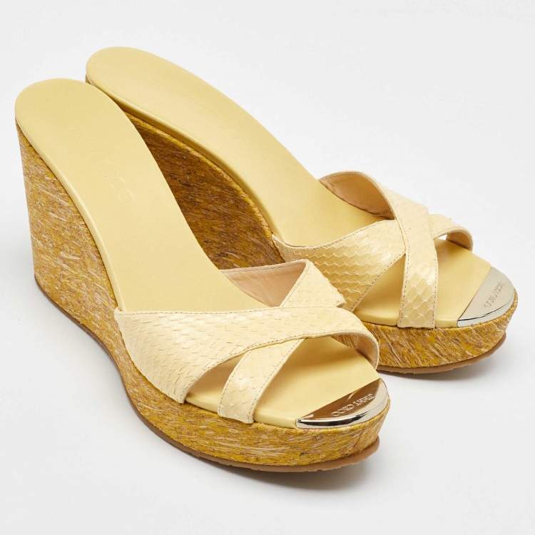 Pre Owned Jimmy Choo Yellow Python Leather Prima Platform Wedge Sandals Size 41