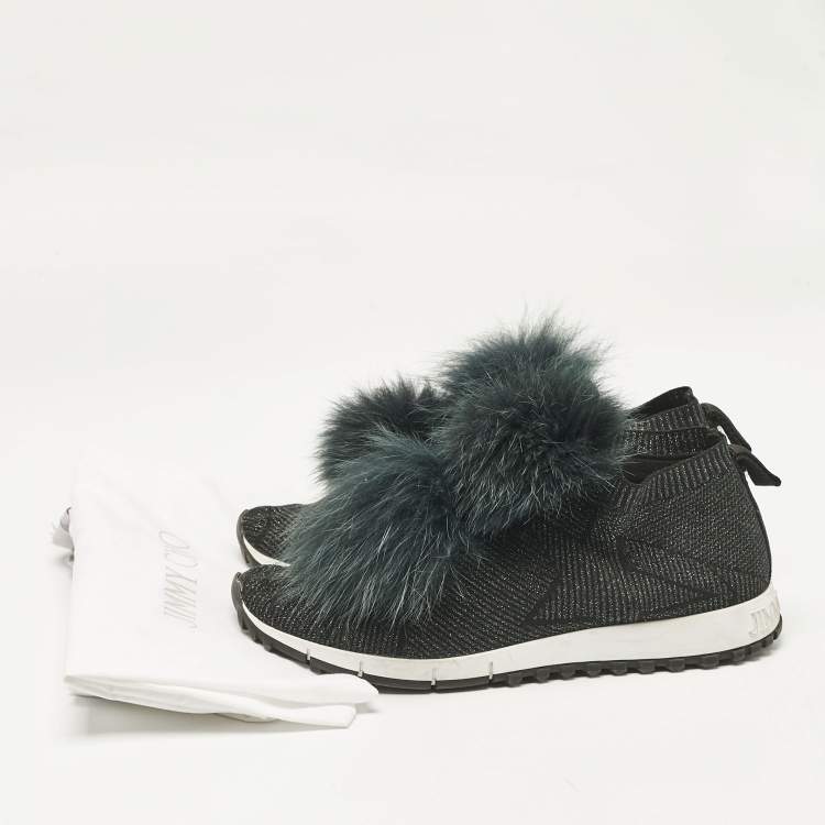 Pre Owned Jimmy Choo Green Fur and Lurex Fabric Norway Pom Pom Sneakers Size 40