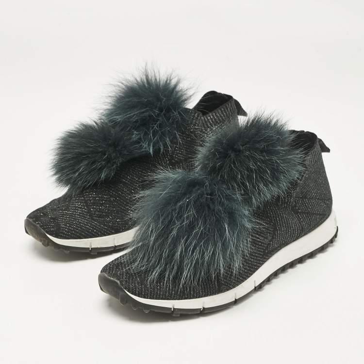 Pre Owned Jimmy Choo Green Fur and Lurex Fabric Norway Pom Pom Sneakers Size 40