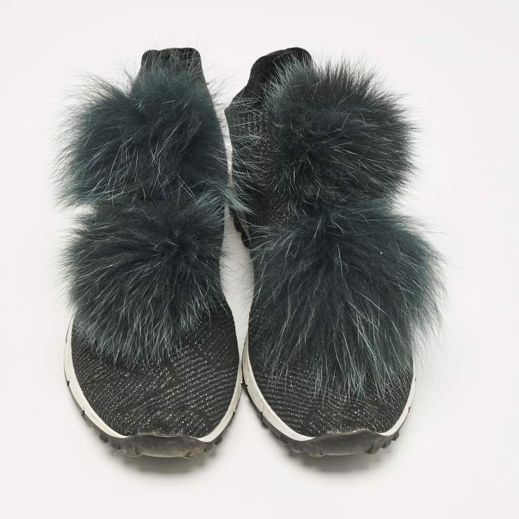 Pre Owned Jimmy Choo Green Fur and Lurex Fabric Norway Pom Pom Sneakers Size 40