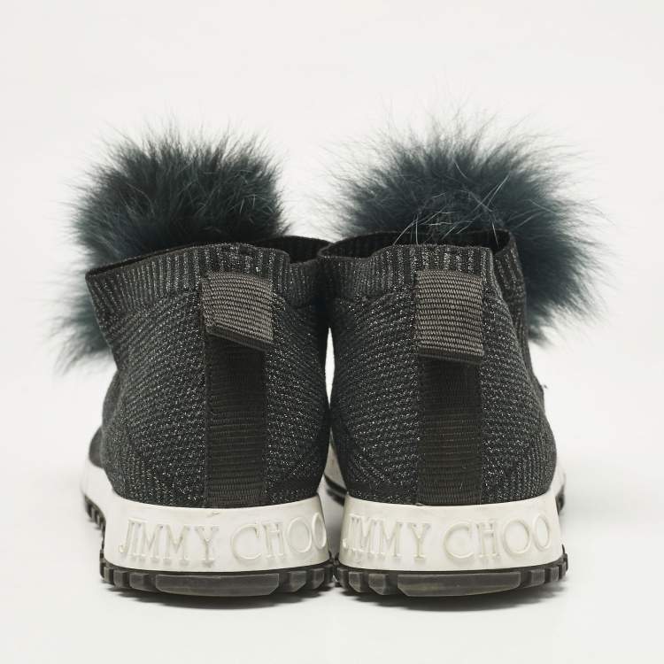 Pre Owned Jimmy Choo Green Fur and Lurex Fabric Norway Pom Pom Sneakers Size 40