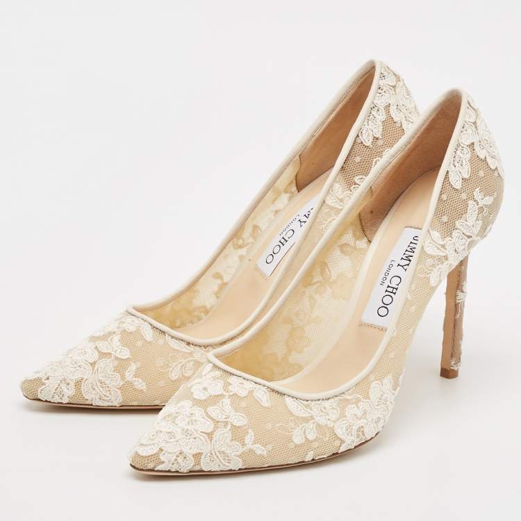 Pre Owned Jimmy Choo Ivory Floral Lace Romy Pumps Size 38