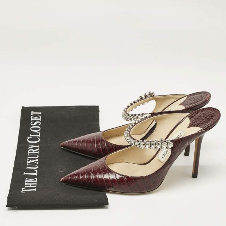 Pre Owned Jimmy Choo Burgundy Croc Embossed Leather Bing 100 Mules Size 39