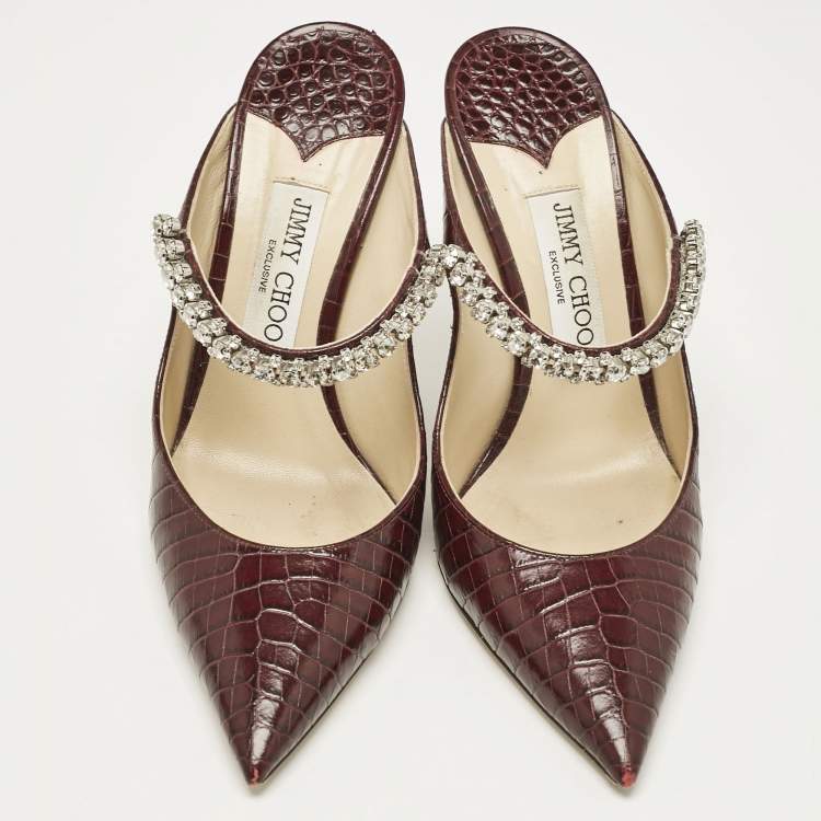 Pre Owned Jimmy Choo Burgundy Croc Embossed Leather Bing 100 Mules Size 39