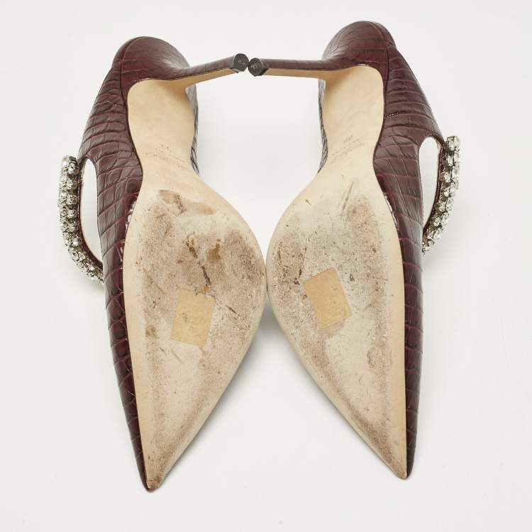 Pre Owned Jimmy Choo Burgundy Croc Embossed Leather Bing 100 Mules Size 39