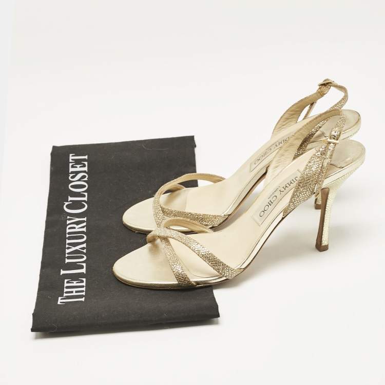 Pre Owned Jimmy Choo Gold Leather and Glitter India Slingback Sandals Size 37.5