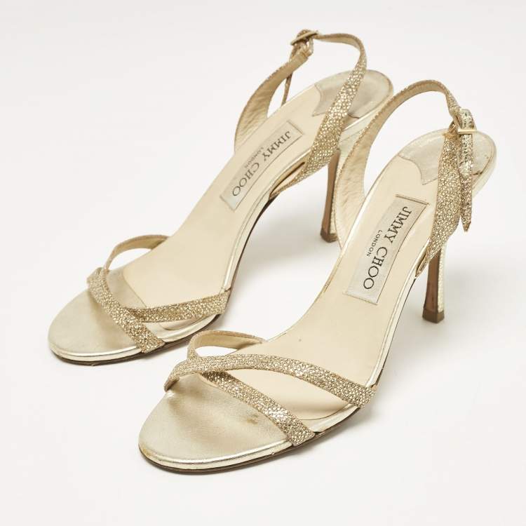 Pre Owned Jimmy Choo Gold Leather and Glitter India Slingback Sandals Size 37.5