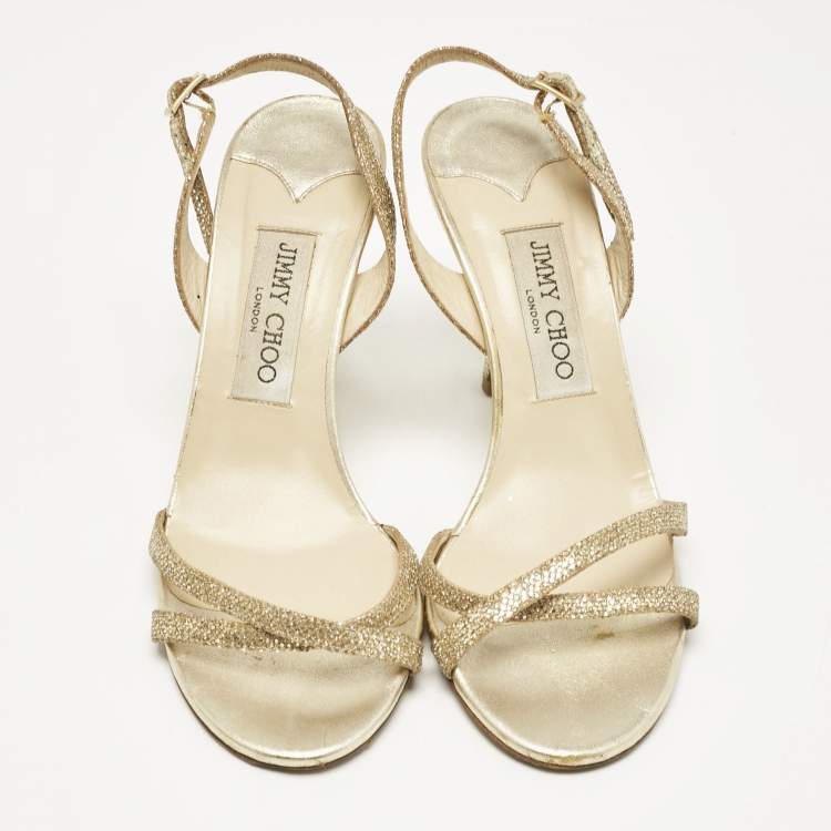 Pre Owned Jimmy Choo Gold Leather and Glitter India Slingback Sandals Size 37.5