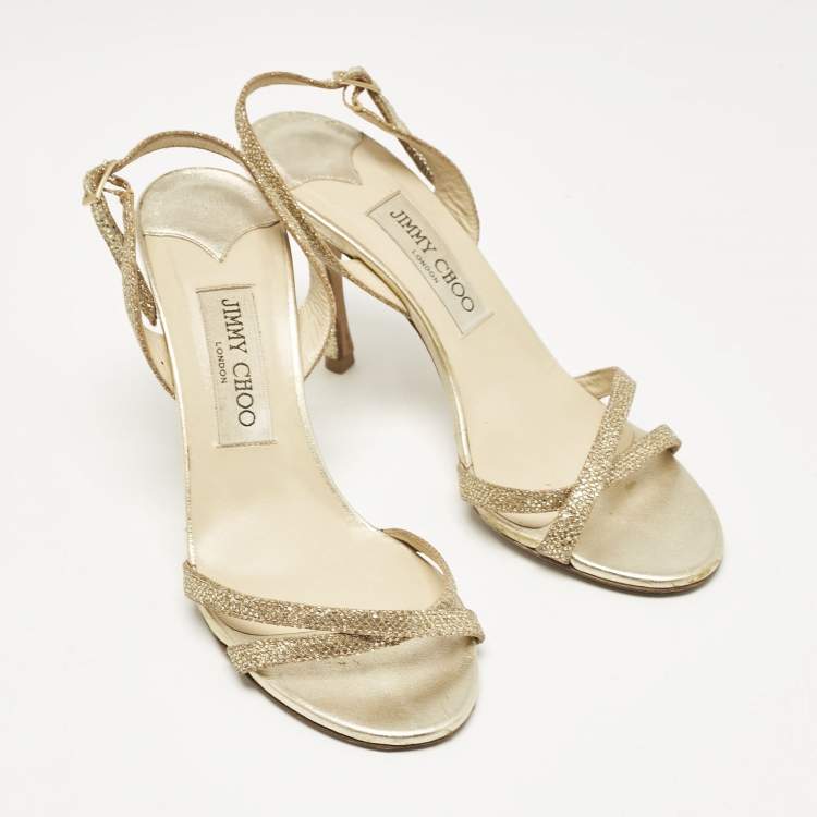 Pre Owned Jimmy Choo Gold Leather and Glitter India Slingback Sandals Size 37.5