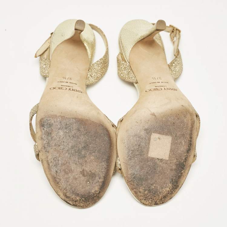 Pre Owned Jimmy Choo Gold Leather and Glitter India Slingback Sandals Size 37.5