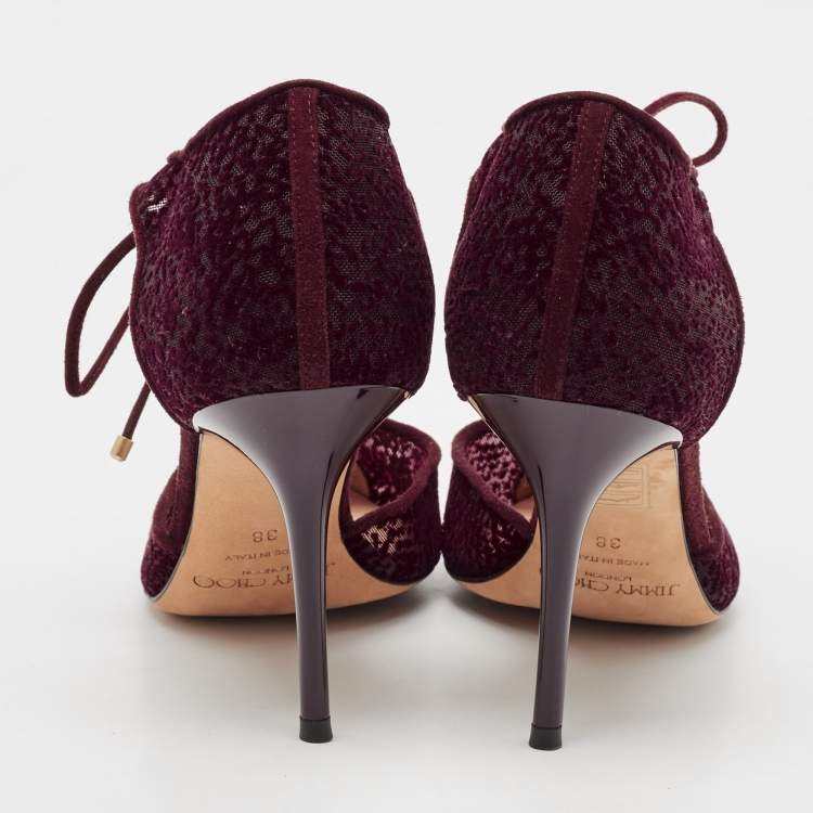 Pre Owned Jimmy Choo Burgundy Velvet and Mesh Vince Ankle Tie Sandals Size 38