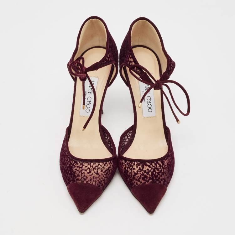 Pre Owned Jimmy Choo Burgundy Velvet and Mesh Vince Ankle Tie Sandals Size 38
