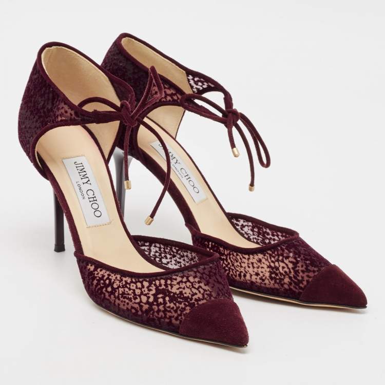 Pre Owned Jimmy Choo Burgundy Velvet and Mesh Vince Ankle Tie Sandals Size 38