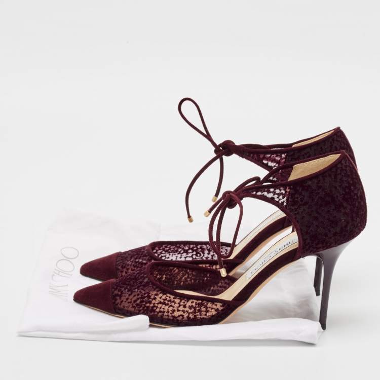 Pre Owned Jimmy Choo Burgundy Velvet and Mesh Vince Ankle Tie Sandals Size 38