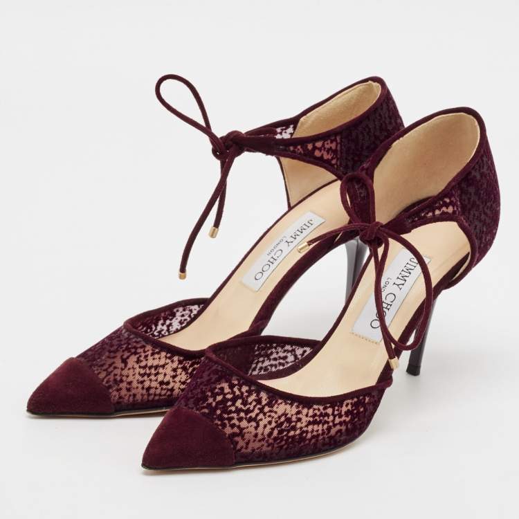 Pre Owned Jimmy Choo Burgundy Velvet and Mesh Vince Ankle Tie Sandals Size 38
