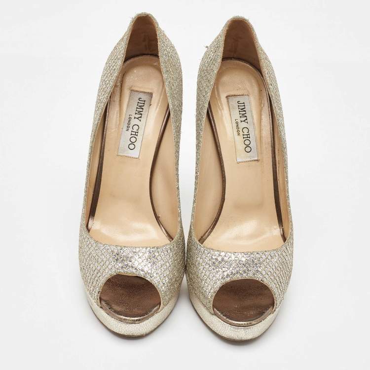 Pre Owned Jimmy Choo Metallic Glitter Dahlia Peep Toe Platform Pumps Size 40