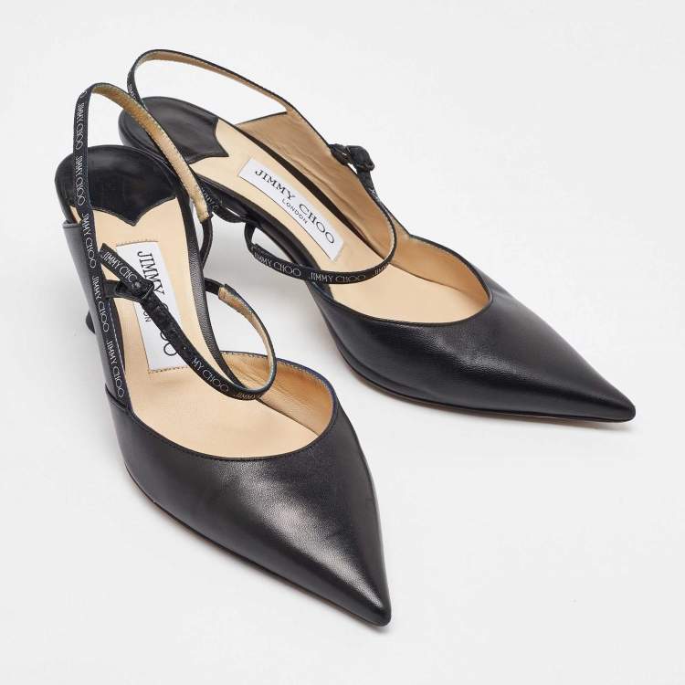 Pre Owned Jimmy Choo Black Leather Pointed Toe Ray Slingback Pumps Size 36.5