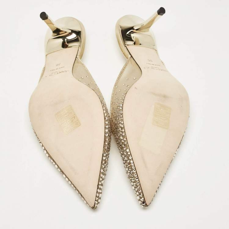 Pre Owned Jimmy Choo Gold Mesh Crystal Embellished Rav Mules Size 36