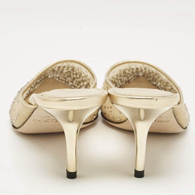 Pre Owned Jimmy Choo Gold Mesh Crystal Embellished Rav Mules Size 36