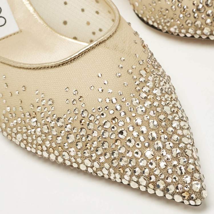 Pre Owned Jimmy Choo Gold Mesh Crystal Embellished Rav Mules Size 36