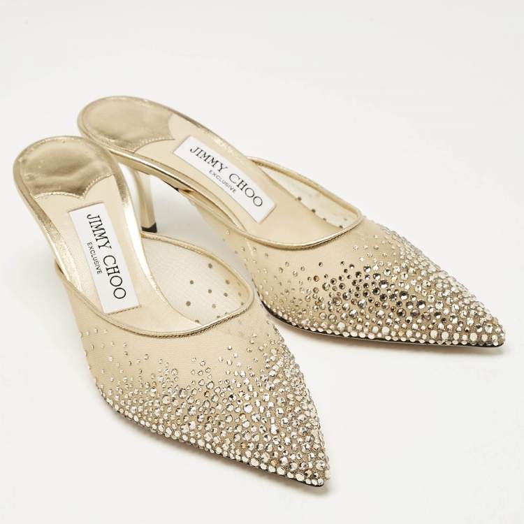 Pre Owned Jimmy Choo Gold Mesh Crystal Embellished Rav Mules Size 36