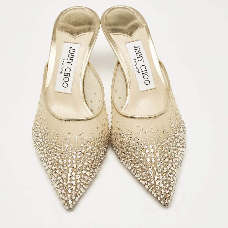 Pre Owned Jimmy Choo Gold Mesh Crystal Embellished Rav Mules Size 36