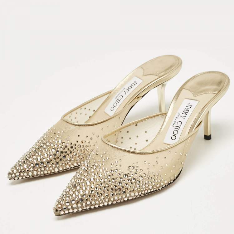 Pre Owned Jimmy Choo Gold Mesh Crystal Embellished Rav Mules Size 36