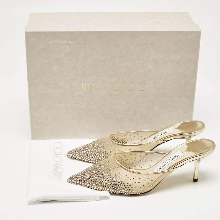 Pre Owned Jimmy Choo Gold Mesh Crystal Embellished Rav Mules Size 36