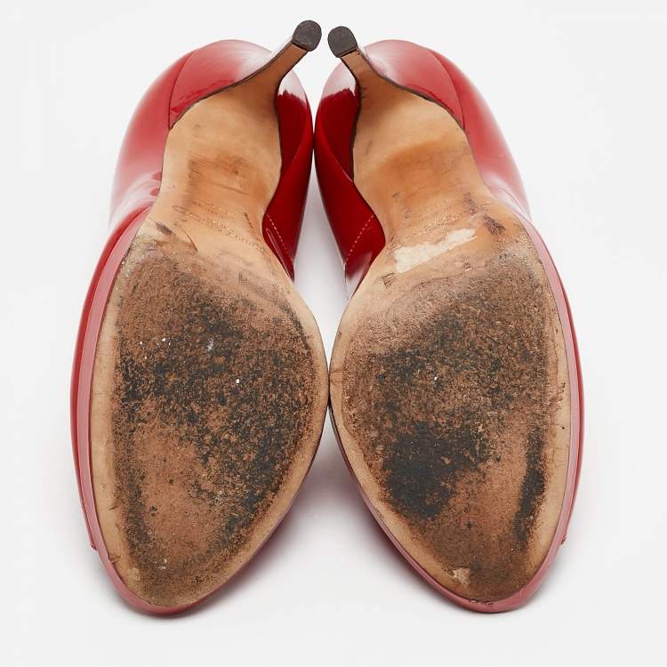 Pre Owned Jimmy Choo Red Patent Leather Quiet Peep Toe Pumps Size 39.5
