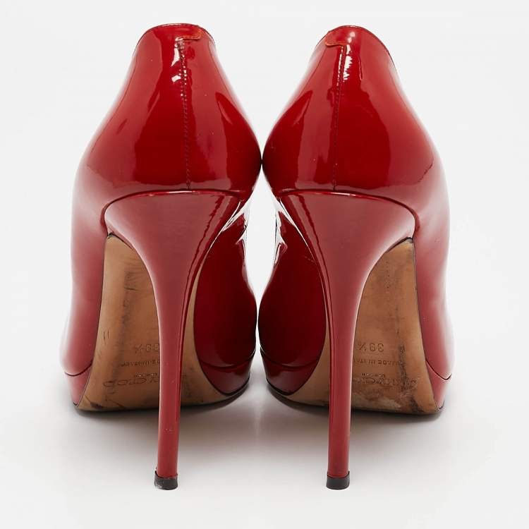 Pre Owned Jimmy Choo Red Patent Leather Quiet Peep Toe Pumps Size 39.5