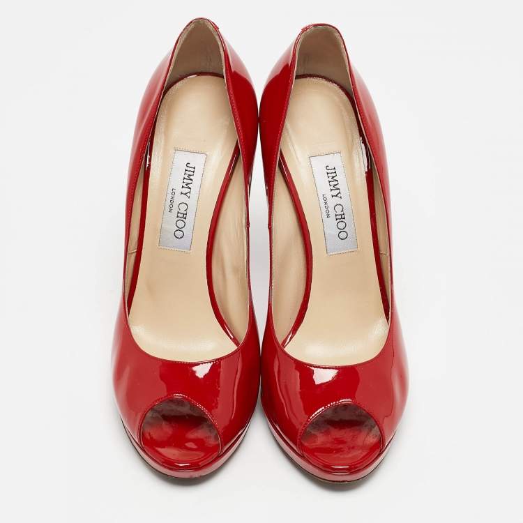 Pre Owned Jimmy Choo Red Patent Leather Quiet Peep Toe Pumps Size 39.5