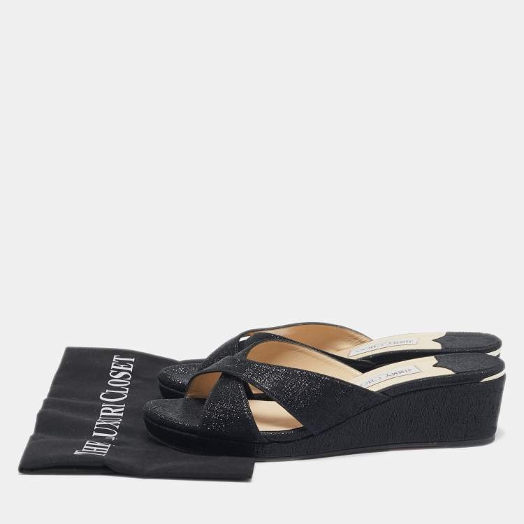 Pre Owned Jimmy Choo Navy Blue Lurex Fabric Wedge Sandals Size 42