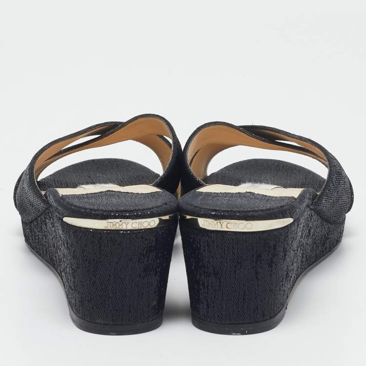 Pre Owned Jimmy Choo Navy Blue Lurex Fabric Wedge Sandals Size 42