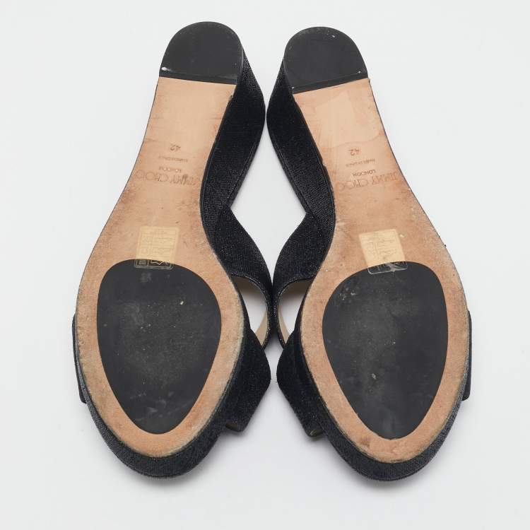 Pre Owned Jimmy Choo Navy Blue Lurex Fabric Wedge Sandals Size 42