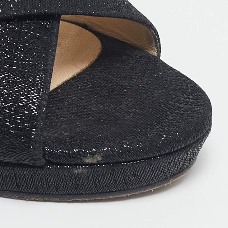 Pre Owned Jimmy Choo Navy Blue Lurex Fabric Wedge Sandals Size 42