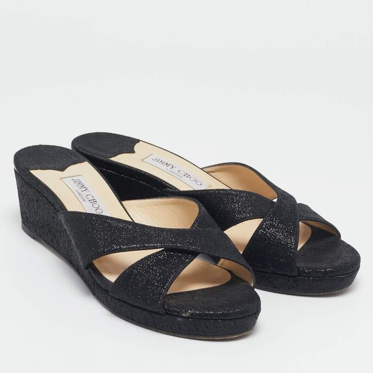 Pre Owned Jimmy Choo Navy Blue Lurex Fabric Wedge Sandals Size 42