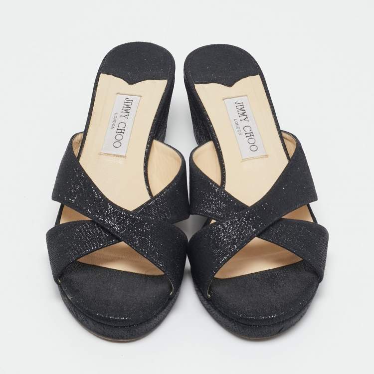 Pre Owned Jimmy Choo Navy Blue Lurex Fabric Wedge Sandals Size 42