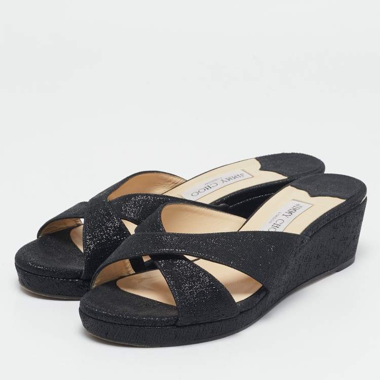 Pre Owned Jimmy Choo Navy Blue Lurex Fabric Wedge Sandals Size 42