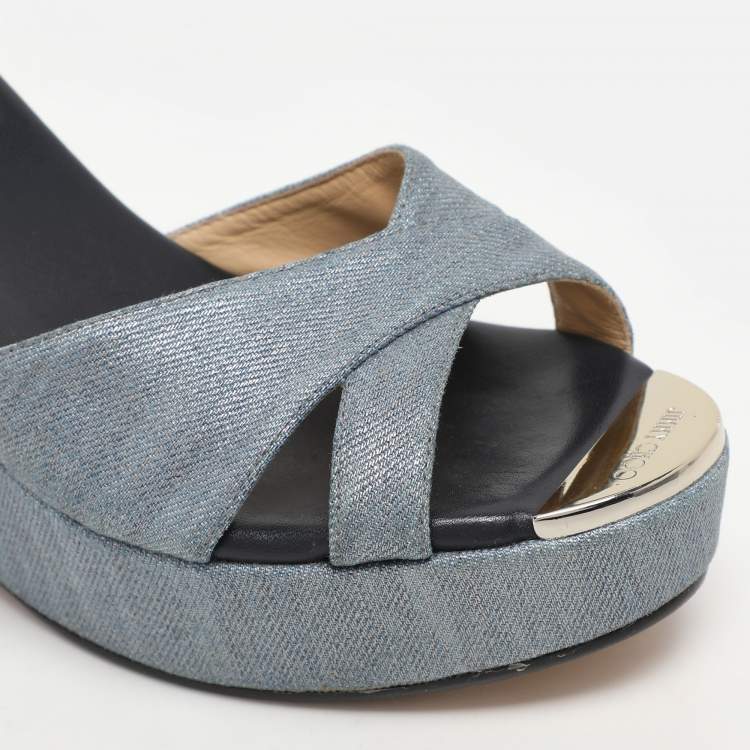 Pre Owned Jimmy Choo Blue Denim Prima Wedge Sandals Size 37.5