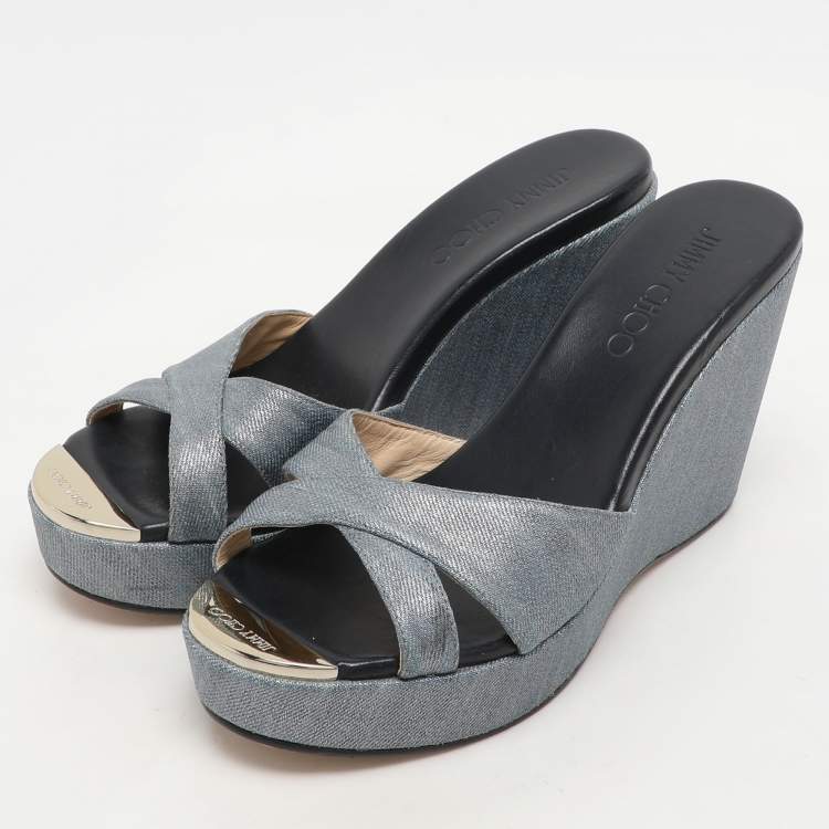 Pre Owned Jimmy Choo Blue Denim Prima Wedge Sandals Size 37.5