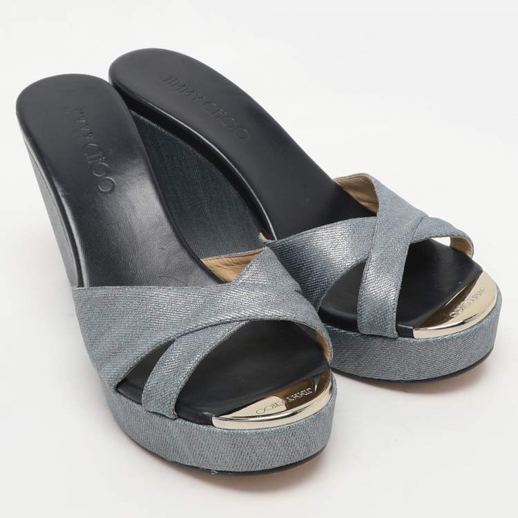 Pre Owned Jimmy Choo Blue Denim Prima Wedge Sandals Size 37.5